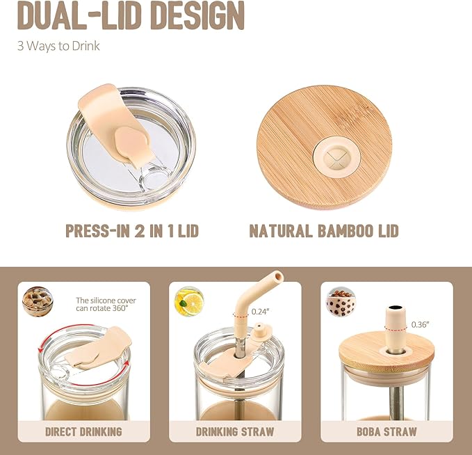Kodrine 24oz Glass Tumbler with Lids and Straws|Bamboo & On the go Lid|Reusable Ice Coffee Cup with Silicone Sleeve, Glass Coffee Tumbler for Smoothie/Matcha, Dishwasher & BPA Free-Amber