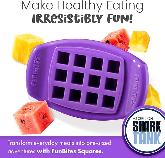 FUNBITES Crustless Sandwich Cutter for Kids Lunch (2-piece set), Uncrustable Sandwich Cutter, Bite-Size Food Cutter for Toddlers, Bento Box Accessories, BPA-FREE Dishwasher Safe, Purple Squares 1pk