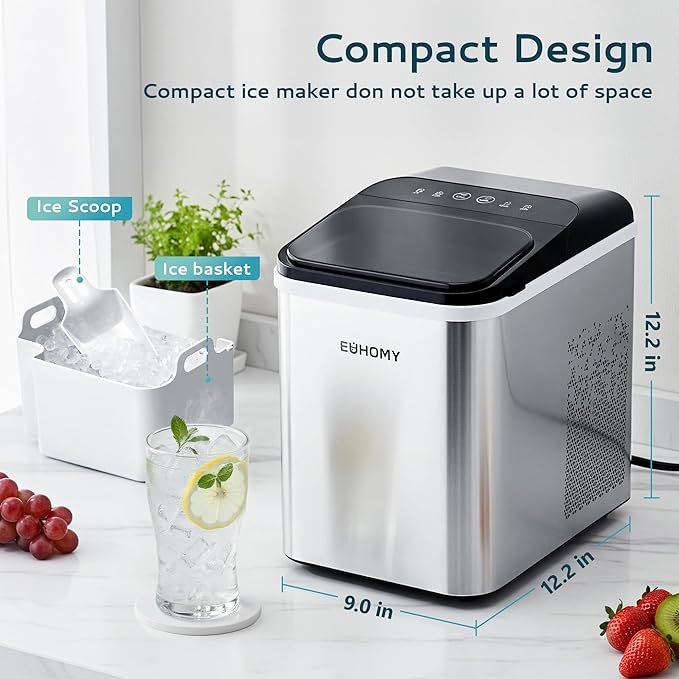 EUHOMY Nugget Ice Maker Countertop, Ready in 8 Mins, Self-Cleaning, 34lbs/24H Portable Ice Maker Machine with Ice Scoop & Basket, Sonic Ice Makers with Chewable Pellet Ice for Home/Party/RV/Camping