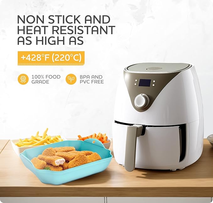 ZIP STANDING Silicone Air Fryer Liners Set OF 4, for 5-8QT Tray Baking Oven, 8.5” Reusable Square with Handles & Holes, Inserts, Accessories