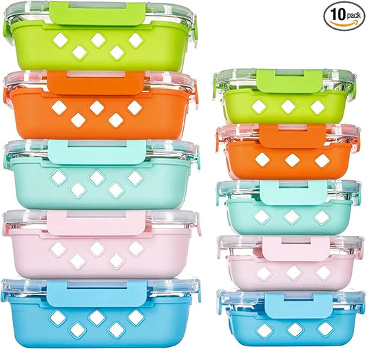 10 Pack Glass Meal Prep Containers with Removable Silicone Sleeves,Food Storage Container Set with Airtight Lids (34oz+12oz)