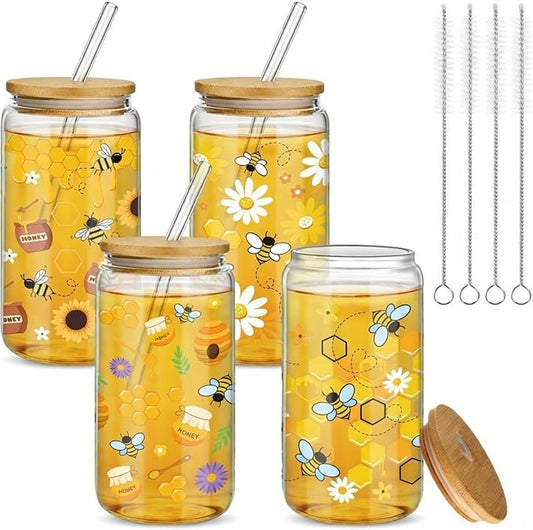 Mumufy 4 Pack Glass Cup with Bamboo Lid & Straw, 16 oz Iced Coffee Tumbler Set of 4, Honey Bee Floral Glass Cups, Reusable Clear Drinking Glasses for Iced Coffee, Tea, Smoothies, Gift for Women