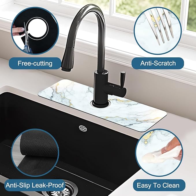 Marble Pattern Kitchen Sink Splash Guard Faucet Mat Gray Gold Marble Super Absorbent Fast Drying Mat Sink Splash Guard Behind Faucet for Kitchen Bathroom, 15.5"x5.5"