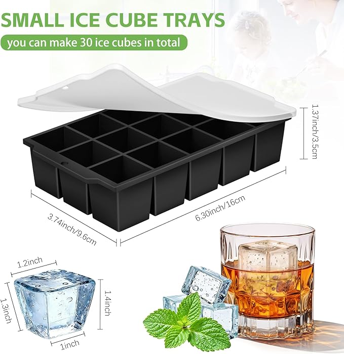 Silicone Ice Cube Tray with Locks Lids, Easy Release Flexible 15 Square Ice Trays for Freezer, Stackable & Reusable Ice Cube Mold for Whiskey, Cocktails, Baby Food, BPA Free, 2 Pack (Black)