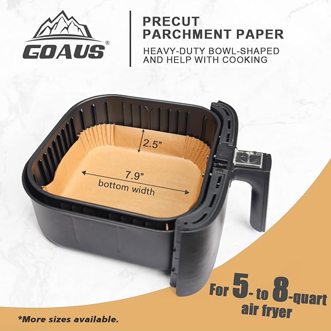 GOAUS Air Fryer Square Paper Liners Disposable Large 150 Pcs for 5 to 8 Qt Basket, 7.9 inch Unbleached Non-stick Oil-proof Parchment Paper