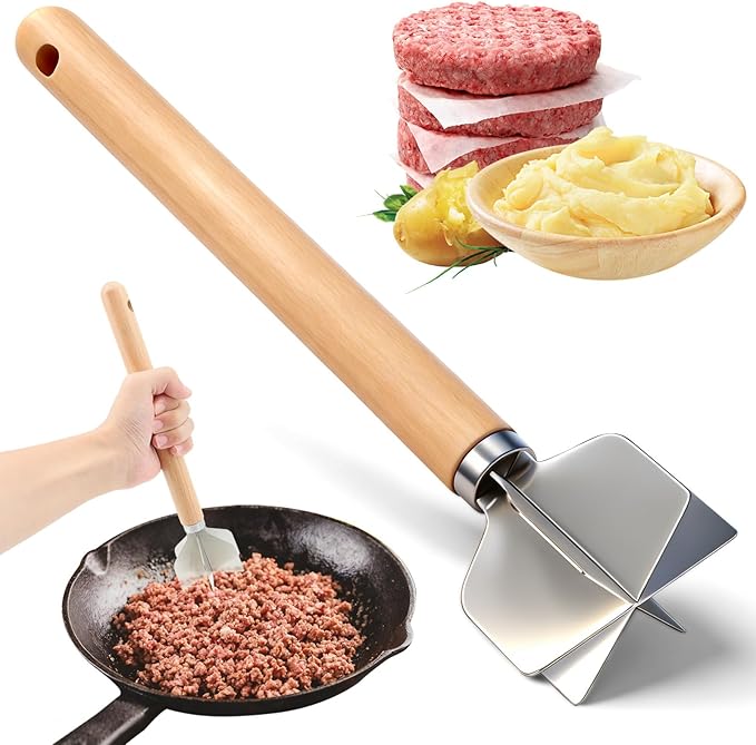 304 Stainless Steel Meat Chopper,Food Grade 6-Blade Ground Beef Chopper Potato Masher Hamburger Smasher Tool for Kitchen Cooking Vegetable Puree 11''