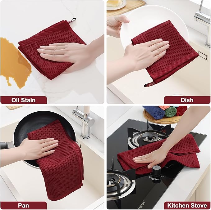 Homaxy 100% Cotton Kitchen Towels and Dishcloths Set, 12 x 12 Inches and 13 x 28 Inches, Set of 8 Bulk Kitchen Towels Set, Ultra Soft Absorbent Dish Cloths for Washing Dishes, Burgundy