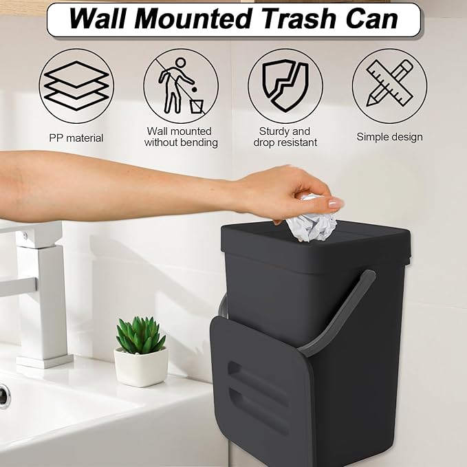 Compost Bin Kitchen, Includes 100 Trash Bags, Hanging Trash Can with Lid, Features Pet-Proof, Odor-Proof, and Quiet Opening/Closing. Suitable for Bathrooms/Bedrooms/Offices (Black, 1.3Gal/5L)