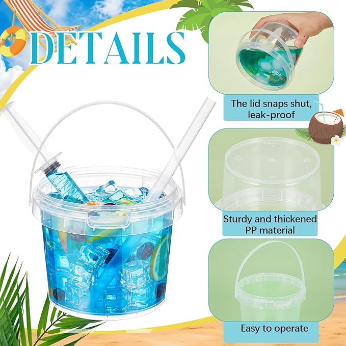 Willinglong 20 Set 16oz Clear Plastic Drink Buckets Rum Buckets for Drink with Straws, Lids and Beverage Syringes Reusable Iced Coffee Cups for Rum Wine Beer Cocktail Beverage Lemonades