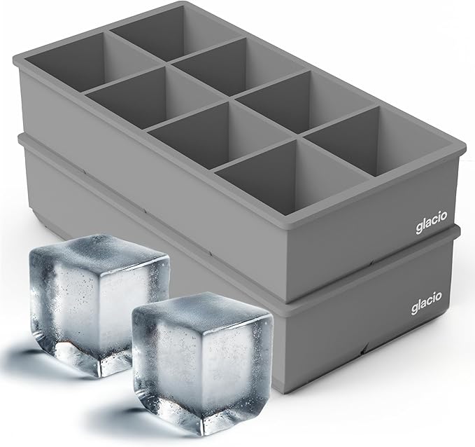 Ice Cube Molds – 2-Pack Silicone Trays for 8 Large Square Cubes – Slow-Melt Ice for Whiskey, Cocktails, Coffee & More