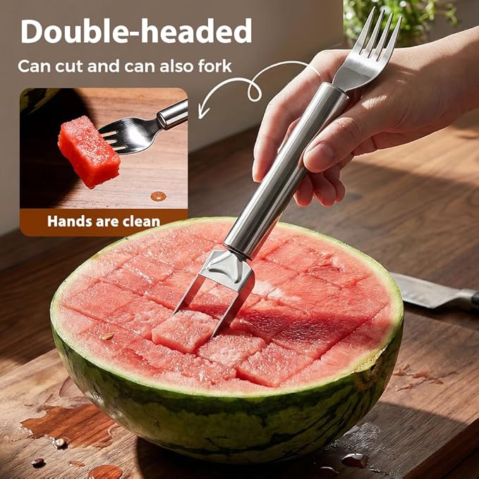 2-in-1 Stainless Steel Fruit Cutter, Upgraded Watermelon Slicer Tool, Portable Fruit Forks for Home, Kitchen and Camping (2 Pcs)