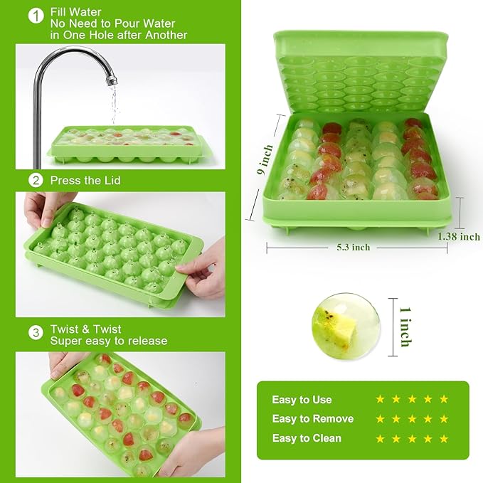 Round Ice Cube Trays for Freezer,1"x33 PCS Round Ice Cube Mold,Small Circle Ice Cube Tray with Lid,Ice Ball Maker Mold Making Sphere Ice Mold for Chilling Drinks,Coffee