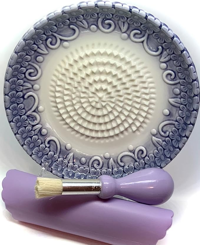 BonCera, All-in-one Premium Ceramic Garlic Grater Plate 4-Piece Set - Purple Embossed Design and Style - For Garlic, Ginger, Chocolate, and more! - Comes with 5.25" Plate, Peeler, Brush, and Stand