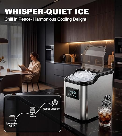 Landeagle Nugget Ice Makers Countertop,Portable Pebble Ice Machine with Crushed Ice,45lbs/Day Soft Pellet Ice Maker Stainless with 24H Timer, Self-Cleaning Chewable Sonic Ice for Home,Kitchen,Office