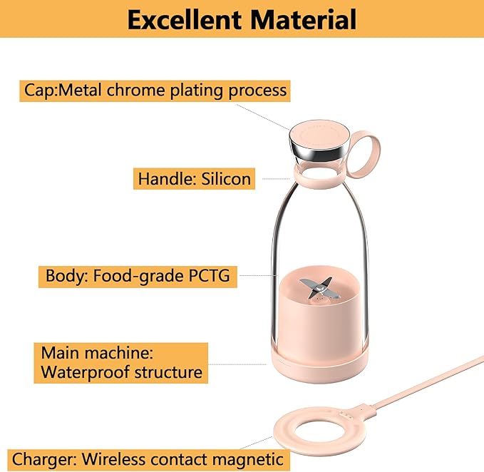 Personal Portable Blender, 350ml USB Rechargeable Smoothie Maker with Stainless Steel Blade, BPA-Free & Easy Clean, Compact Travel Cup for Gym, Office, Home - Pink