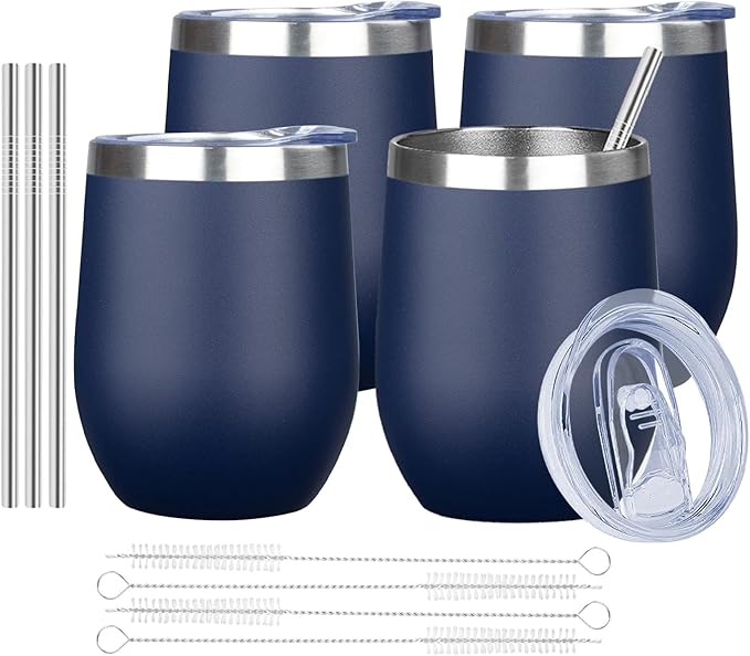 MEZMUT 12 Oz Insulated Wine Tumbler with Lid Double Wall Vacuum Stainless Steel Wine Glass Coffee Mug Insulated Tumbler Cup for Champaign, Cocktail, Beer (Navy, 4 Pack)