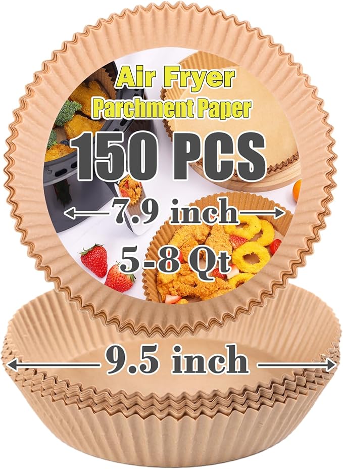 GOAUS Air Fryer 150 Pcs Round Paper Liners Disposable Large for 5 to 8 Qt Basket, 7.9 inch Unbleached Non-stick Oil-proof Parchment Paper