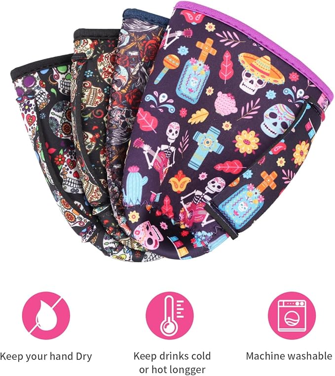 4Pack Reusable Iced Coffee Sleeve Insulator Sleeves for Cold Drinks Beverages, Neoprene Cup Holder for Most Coffee, Fits 22-24oz Medium Cups (Sugar Skull)