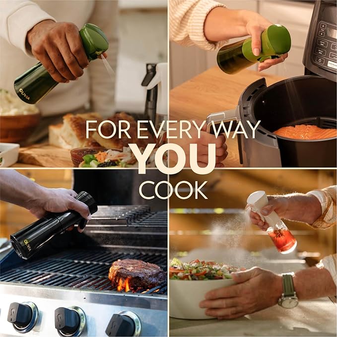 OLIVIA SIGNATURE The Original Advanced Kitchen Olive Oil Sprayer for Cooking, Flairosol Continuous Mist Dispenser with Portion Control, Reusable Glass Spray Bottle, Anti-Drip & Leakproof, Black 200 ml