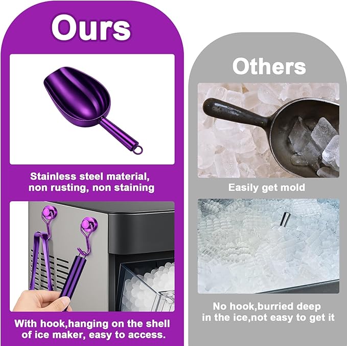 Stainless Steel Ice Scoop for Freezer with Magnetic Hook - Ice Scoop for GE Profile Opal 2.0 Nugget Ice Maker, for Kitchen Bar Party Accessories (6OZ- Purple)