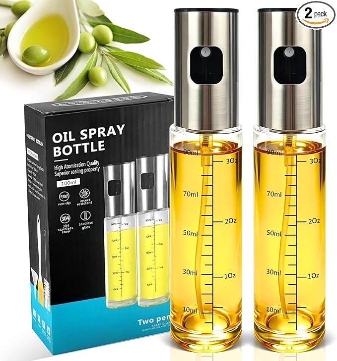 BOKKY Oil Sprayer for Cooking, 2 Pack 100ml Olive Oil Mister for Air Fryer, BBQ & Salad, Refillable 304 Stainless Steel Glass Bottles (Transparent / 2 Pack)