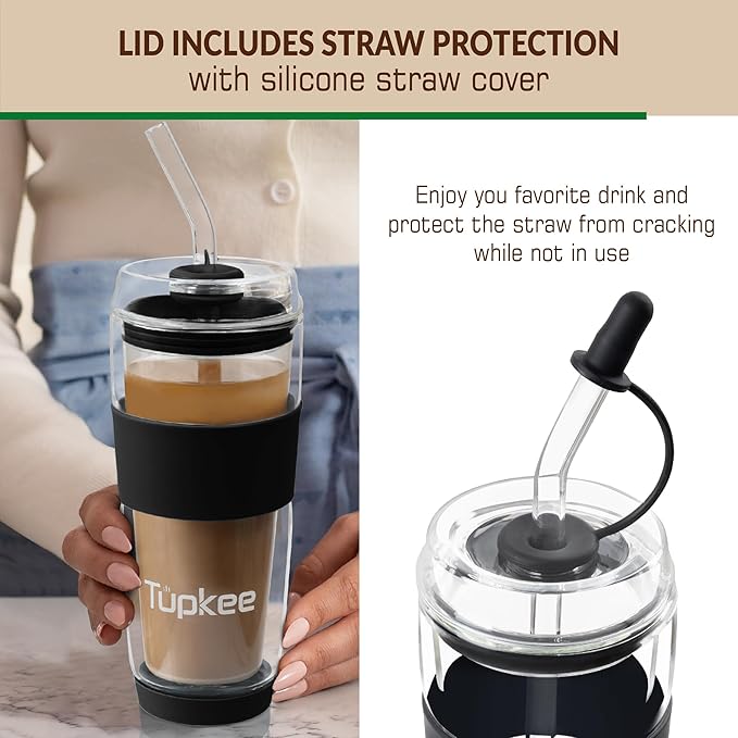 Tupkee Double Wall Glass Tumbler Straw Lid - For Hand Blown Glass Travel Mug, 14-Ounce & 8-Ounce, Black