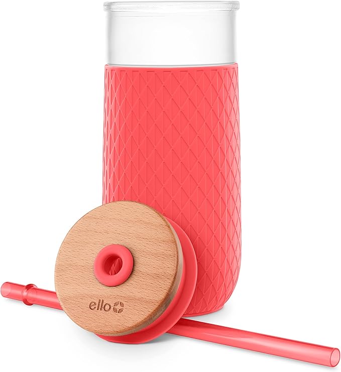 Ello Devon 18oz Glass Tumbler with Straw, Friction Fit Bamboo Wood Lid and Silicone Sleeve | Perfect for Iced Coffee, Tea, and Smoothies