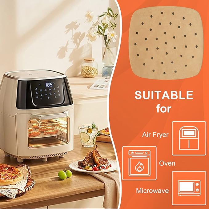 Numola 100 Pcs Air Fryer Liners Disposable Parchment Paper, 8 Inch Perforated Airfryer Sheets for Baking, Square Unbleached Non-Stick Steamer Liner for Oven, Microwave, Steaming Basket