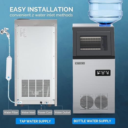 ROVSUN 150LBS/24H Commercial Ice Maker Machine with 2 Water Inlets, Freestanding Ice Machine with 24lbs Storage Bin, Ice Scoop & Water Filter for Home Office Restaurant Bar Cafe