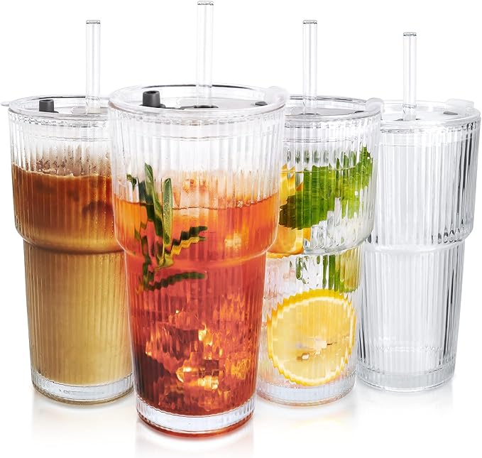 4PCS 20oz Glass Cups with Lids and Straws, Iced Coffee Cups with Lids, Stylish Ribbed Thick Drinking Glasses Tumbler for Juice, Smoothies, Cold Beverages, Cute Cup Gifts with Clean Brush