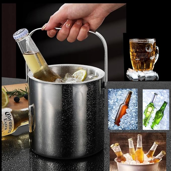 Ice Bucket with Lid for Parties - 3L Ice Bucket Double Wall Ice Bucket for Cocktail Bar Parties KTV,Stianless Steel Ice Bucket with Lid to Keep Ice Frozen Longer to Cool Chilling Wine Champagne
