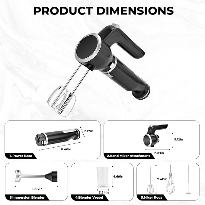 Pukomc Hand Mixer,5-in-1 Multifunctional Portable Charging Device Hand Blender,with lmmersion Blender and Beater,Whisk,Milkshake Bars,Blender Vessel,Easy to Clean