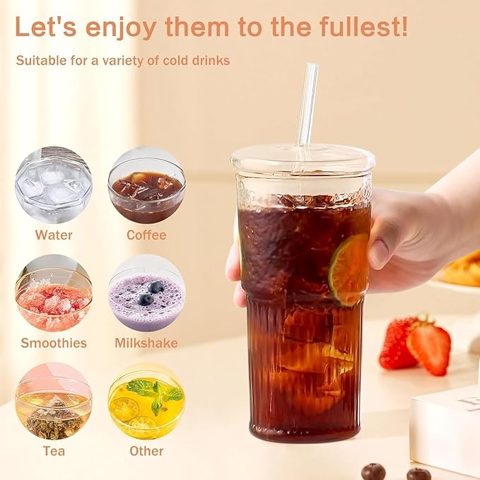 20oz Glass Cups With Glass Lids and Straws, High Borosilicate Iced Coffee Cups, Reusable Glass Tumblers for Coffee, Tea, Juice, Smoothies, Hot/Cold Drinks at Home, Office - 4 Packs