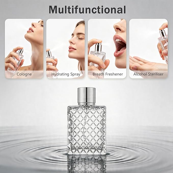 100ML 3.4oz Glass Spray Bottles for Essential Oils, Perfumes, Empty Clear Mist Spray Bottle with Silver Aluminum Sprayer - (1Pack) Funnel Filler 3ml Dropper Storage Gift Bag