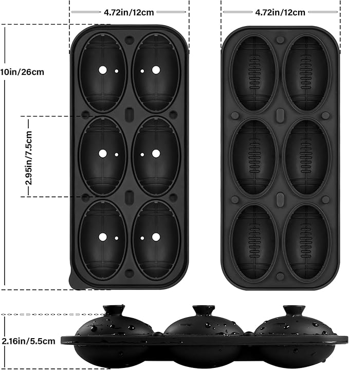 Silicone Large Ice Cube Tray, 6 Big Football Ice Cube Trays for Freezer,ICE Maker,Ice Cube Mold,Nice ICE Cube Trays,Crushed Ice Trays for Wiskey Cocktail Beer (Black, 6 Large Ice Cubes)