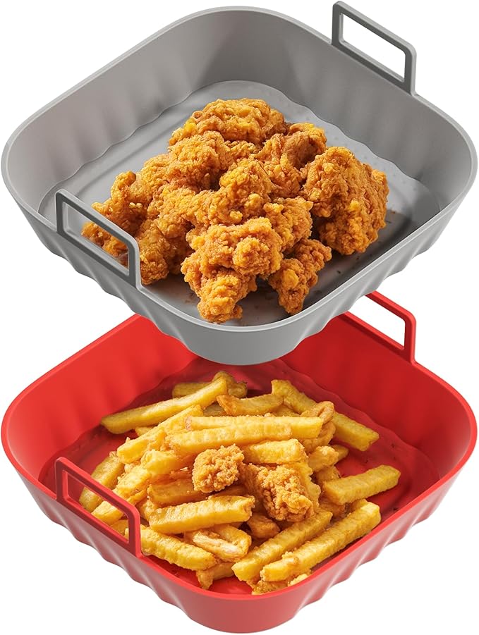 Li&Zhao Silicone Air Fryer Liners Reusable - 2 PCS Square Air Fryer Inserts Air Fryer Accessories 4 to 7 Qt Silicone Liners Basket for Kitchen (Red & Gray)