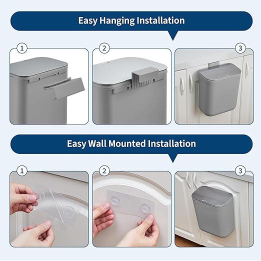 2.4 Gallon/9L Hanging Trash Can with Stainless Steel Lid, Mountable Compost Bin for Kitchen Cabinet Door, Under Sink Food Waste Container for RV, Bathroom, Office