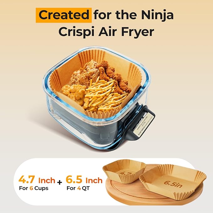 Vailnd 300 Pcs Air Fryer Liners Disposable Fits for Ninja Crispi 4-in-1 Portable Glass, Square Parchment Paper Sheets for 4QT & 6 Cup Air Fryer Cooking System, Non-Stick AirFryer Liners Accessories