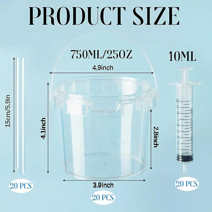 Willinglong 20 Sets 25oz Clear Plastic Drink Buckets Rum Buckets for Drink with Straws, Lids and Beverage Syringes Reusable Iced Coffee Cups for Rum Wine Beer Cocktail Beverage Lemonades