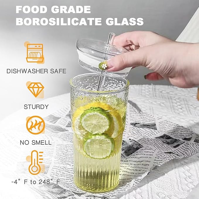 JunVpic Glass Tumbler with Straw and Lid, 20 OZ Clear Iced Coffee Glasses Cups for Ice Water, Juice, Tea, Milk, Smoothie and Cold or Hot Drinks, Set of 2