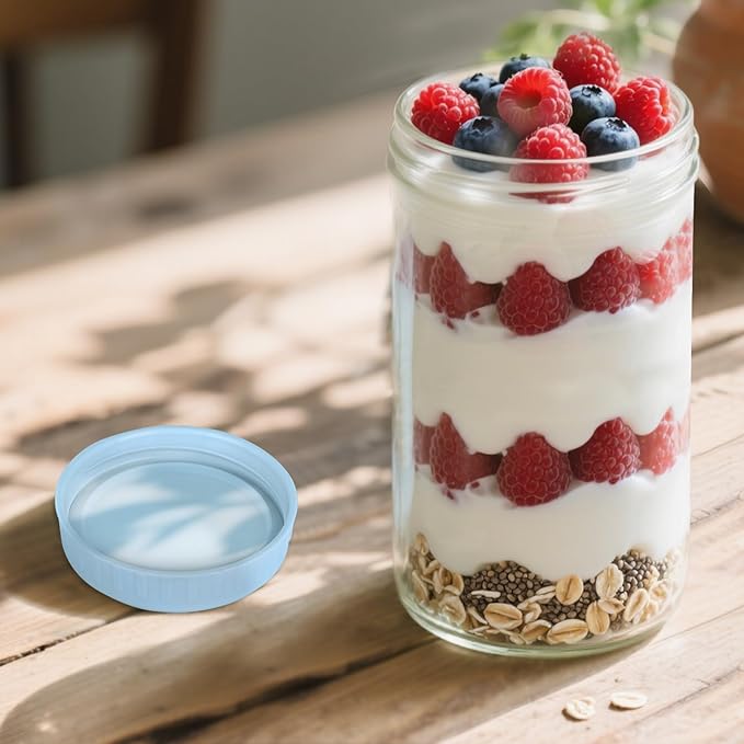 SHOWIN Overnight Oats Containers with Lids, 24oz Glass Jars with Lids 4 pcs, Light Blue, Wide Mouth Mason jars for Salad, Yogurt, Snacks, Meal Prep