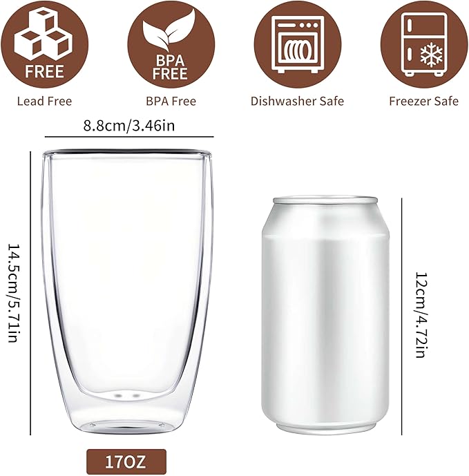 MESNEY 17 oz Double Walled Glass Coffee Mugs, Glass Coffee Mugs Set of 4, Insulated Clear Cappuccino Latte Mugs for Home, Cafe & Restaurant, Durable Stackable Drinking Glasses