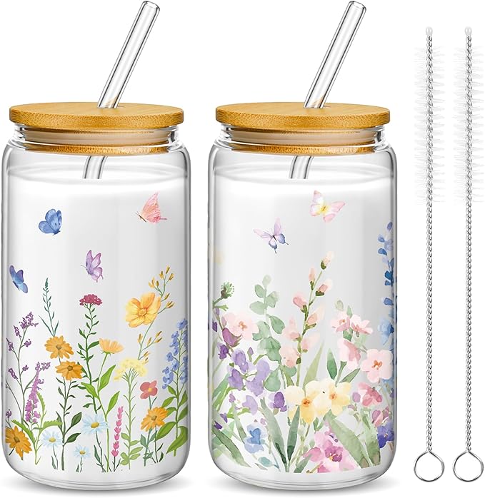 Mumufy 2 Pack Bridesmaid Gift Glass Cups, Cute Flower Mason Jars with Bamboo Lids & Straws, 16oz Iced Coffee Tumblers for Wedding, Bridal Party, Birthday, Mother's Day(Wild Flower1)
