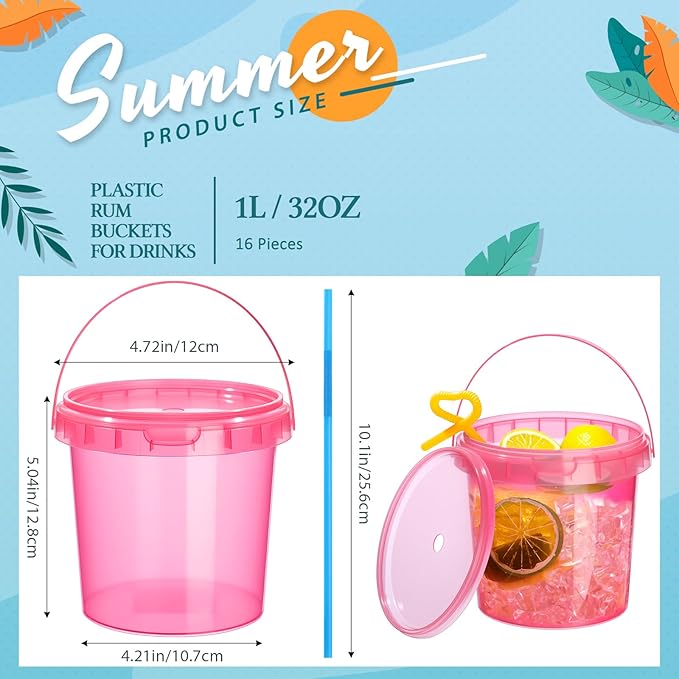 Funnymoom 16 Pack 32 oz Plastic Rum Buckets for Drinks with Straws Ice Cream Cocktail Bucket with Lids and Handles Reusable Food Containers Cup for Parties Summer Beach Bar Beer (Rose Pink)