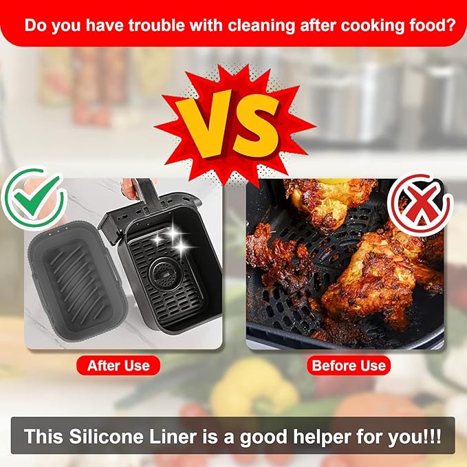 Small Air Fryer Silicone Liners, 7.56 x 5.12 inch Small Rectangle Collapsible Airfryer Liner, Reusable Non-Stick Baking Trays for Ninja DZ201/DZ401/DZ550 Instant Air Fryer, 2 Pack (Grey+Black)