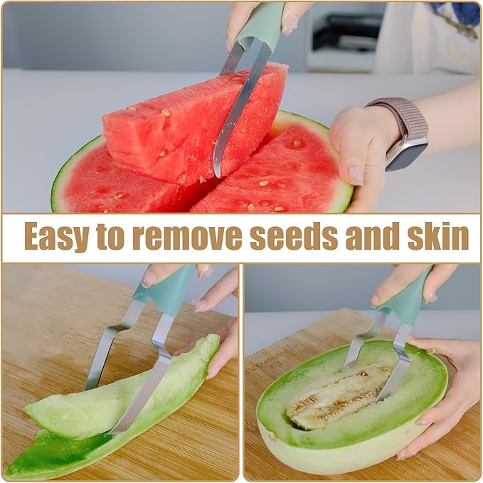3-in-1 Watermelon Cutter Slicer Tool, Stainless Steel Watermelon Cutter, Popsicle Mold Watermelon Slicer, Watermelon Fork Slicer Cutter, Portability Fruit Fork for Camping Kitchen Gadgets (Green)