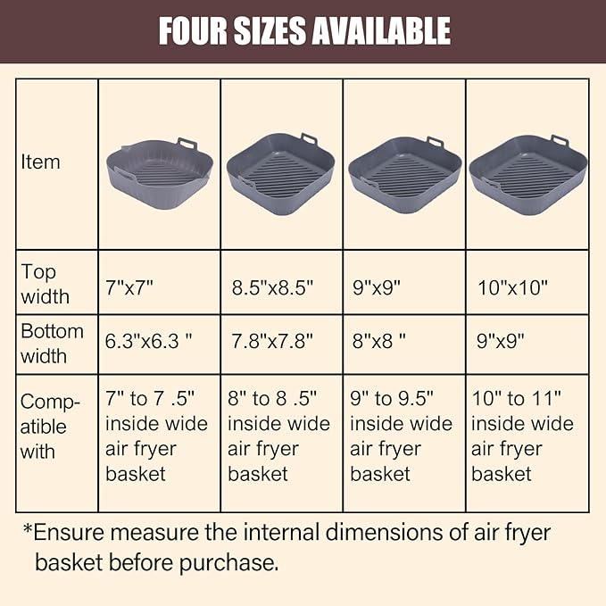 Golden Associate Silicone Liners Square for 8 to 8.5 inch Air Fryer, 2 Pcs Non-stick Food-grade Reusable Basket Baking Tray Airfryer Accessories