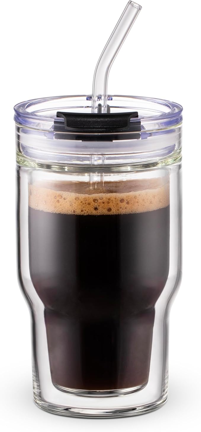 BLUEPOLAR Double Walled Glass Espresso Cups, Insulated Coffee Mug with Straw and Lid - 12oz/350ml Reusable Tumbler for Hot/Cold Drinks, Smoothie, Latte, Matcha, Car & Travel