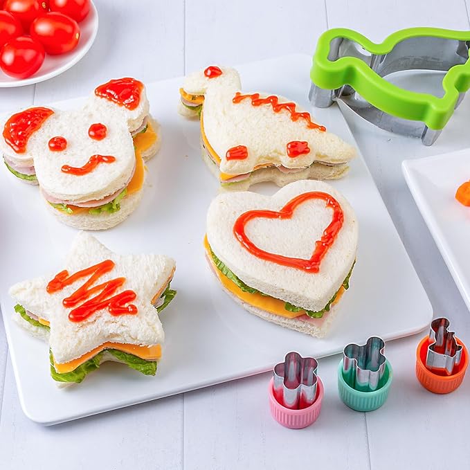 Sandwich Cutters for Kids Lunch 12 Pcs, Kimfead Cookie Cutters Set, Vegetable Fruit Cutters Shapes, Stainless Steel Biscuit Cutters, Dinosaur Mouse Heart Star