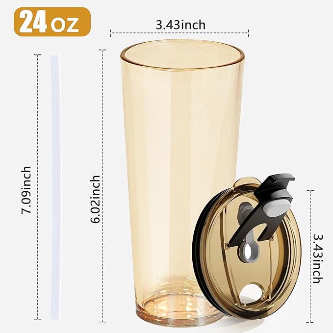 24oz 2 Pcs Glass Cups with Lids and Straws Drinking Glasses Tumbler Leak Proof Iced Coffee Cup Glass for Gift Cold Drink Smoothie Boba Tea(Amber*2)